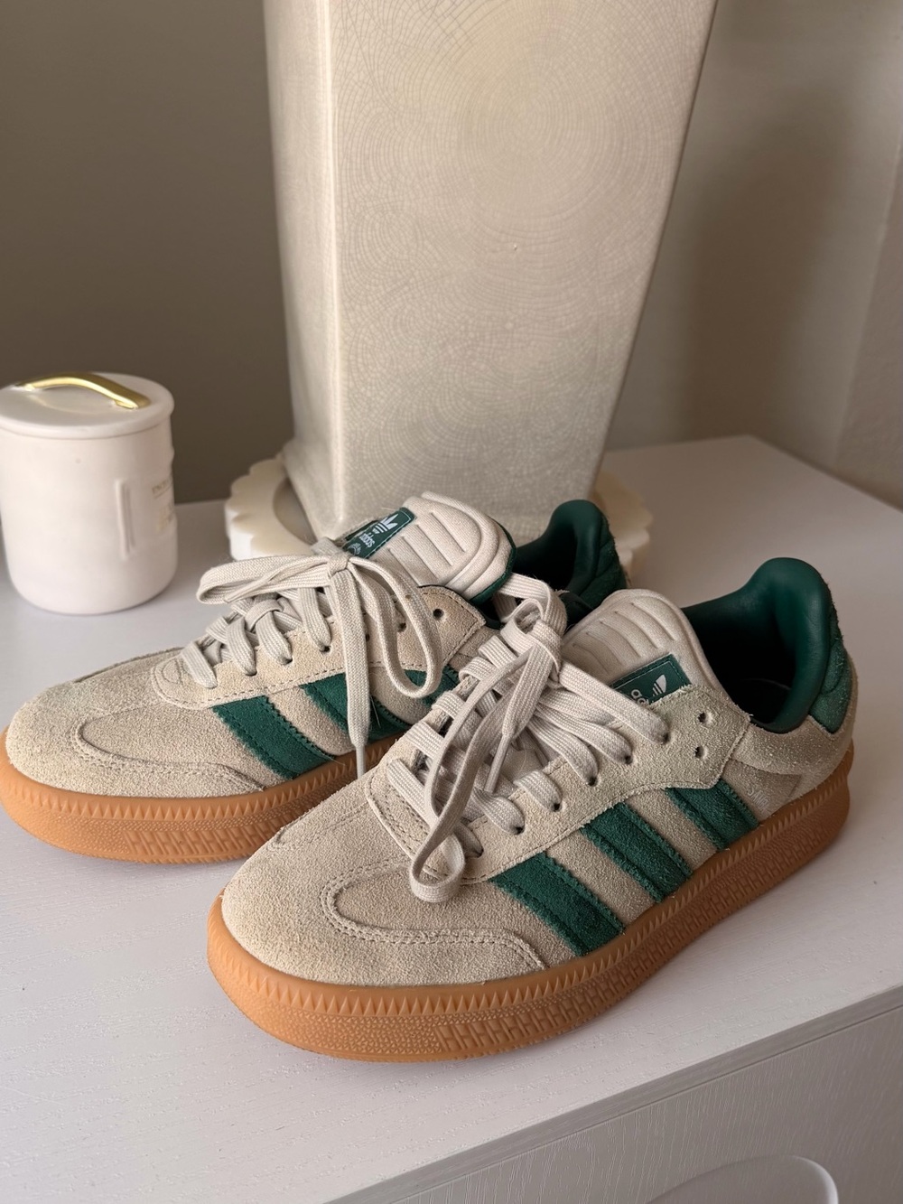 adidas Cream Suede Sneakers with Forest Green Accents